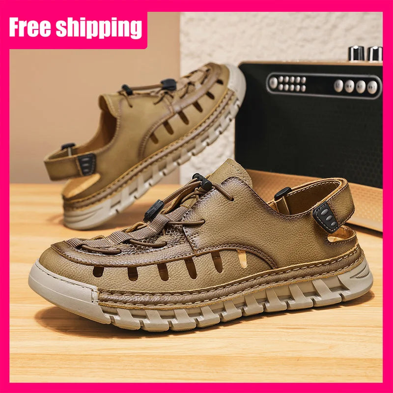 Men's Leather Breathable Outdoor Sandals Lightweight Elastic Strap Summer Beach