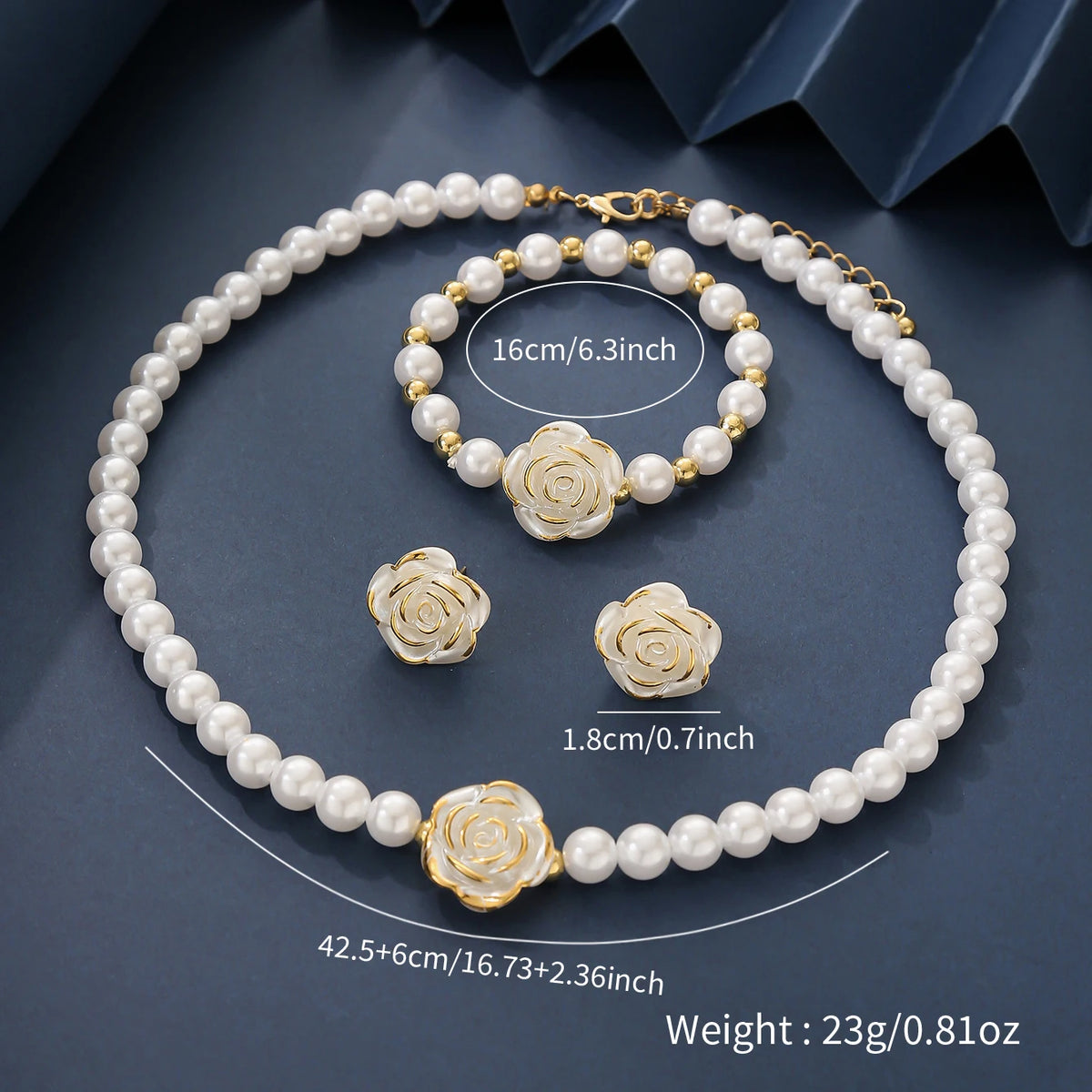 Women's Fashion Elegant Flower Pearl Necklace Earrings Bracelet Jewelry Set