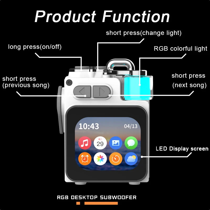 Smart Display Bluetooth 5.4 Portable Speaker with Subwoofer DK08