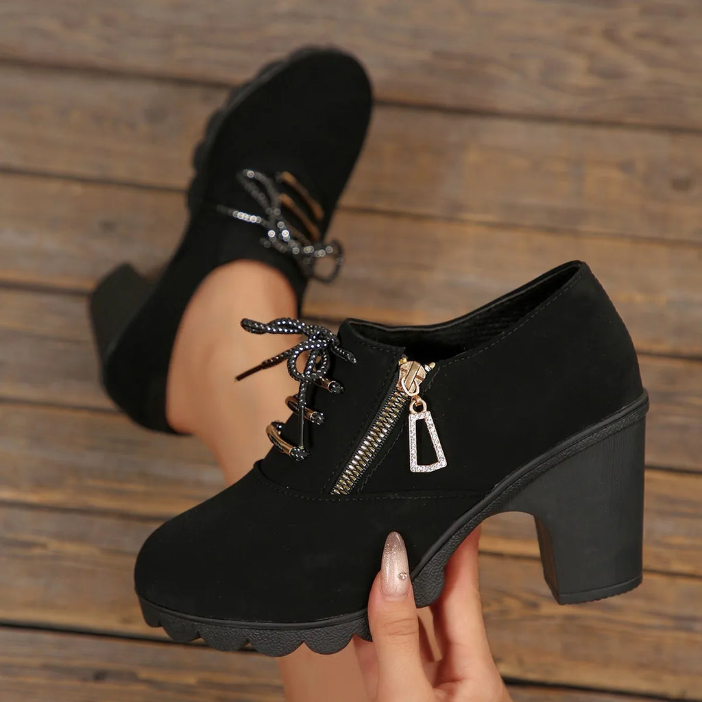 Women's Side-Zip Round Toe High Heel Boots