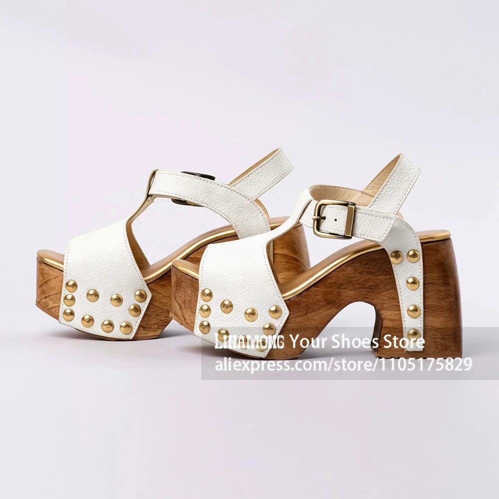 Women's Studded Wooden Block Heel Platform Sandals