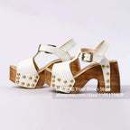 Women's Studded Wooden Block Heel Platform Sandals
