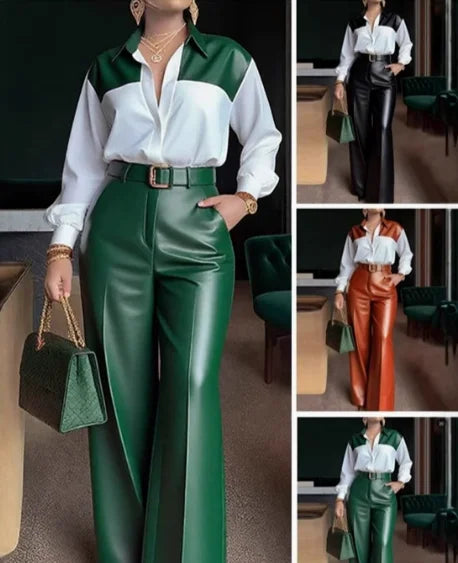 Women's Turn-Down Collar Shirt & Wide Leg Pants Set
