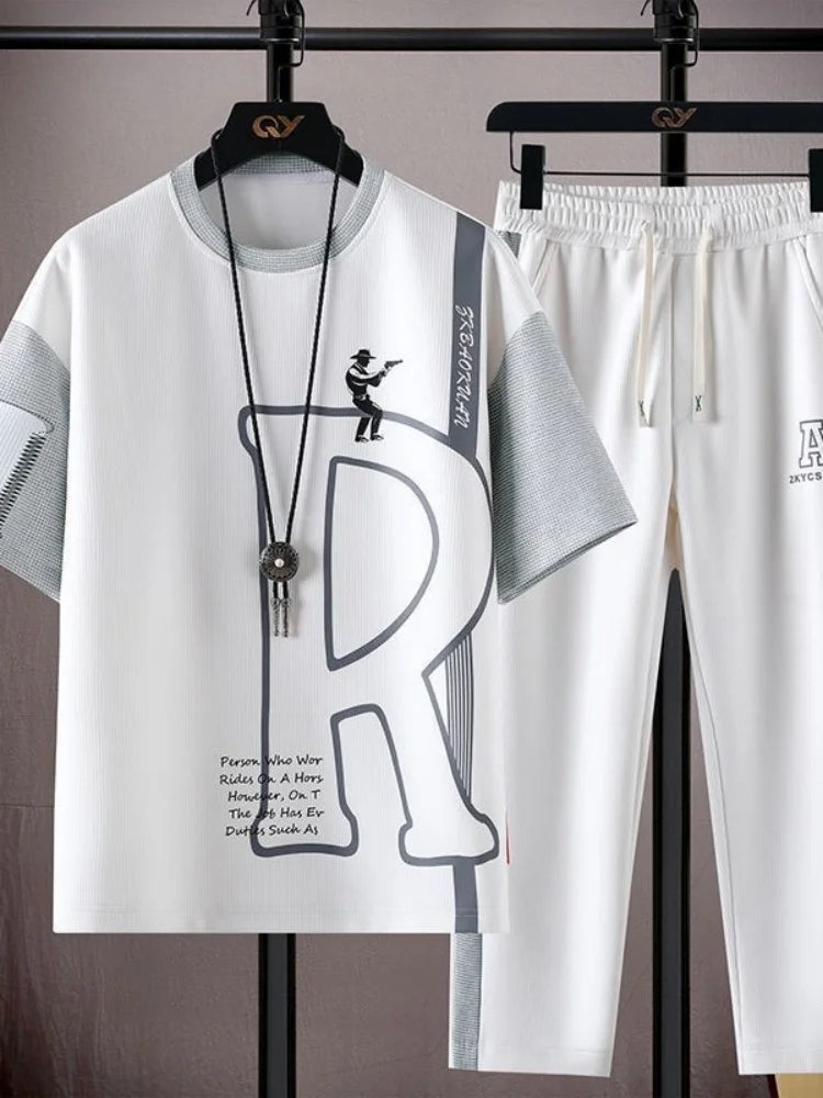 Men's Casual Printed Short Sleeve T-Shirt and Shorts Two Piece Set