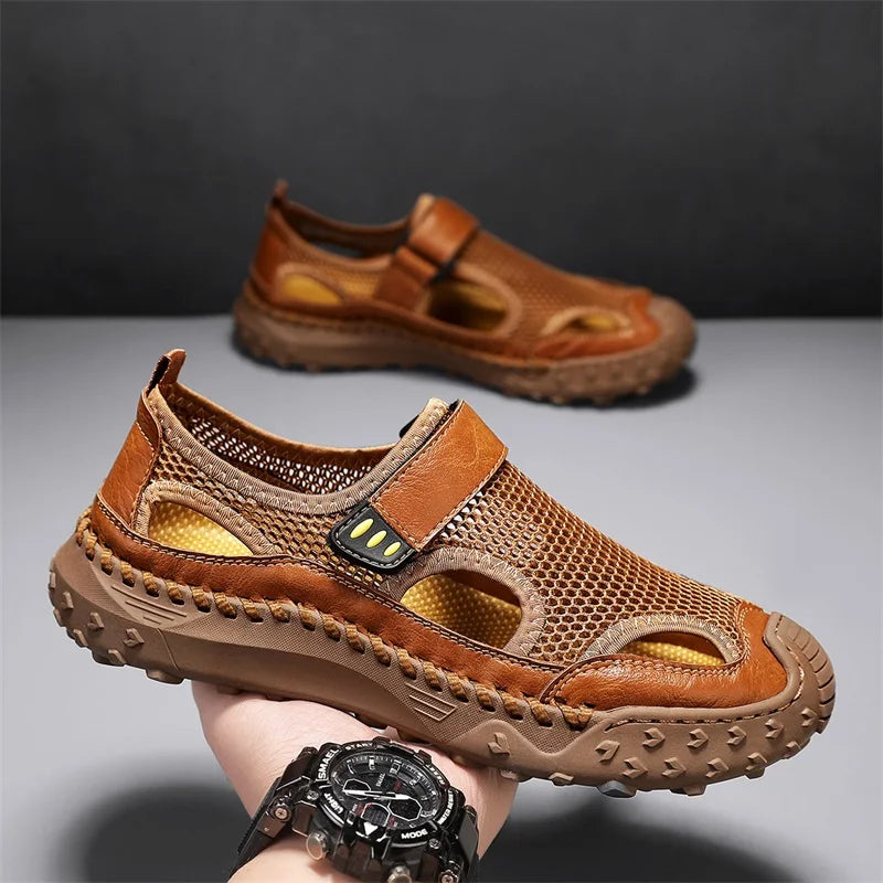 PHERON Men's Genuine Leather Casual Sandals Outdoor Beach Roman Shoes