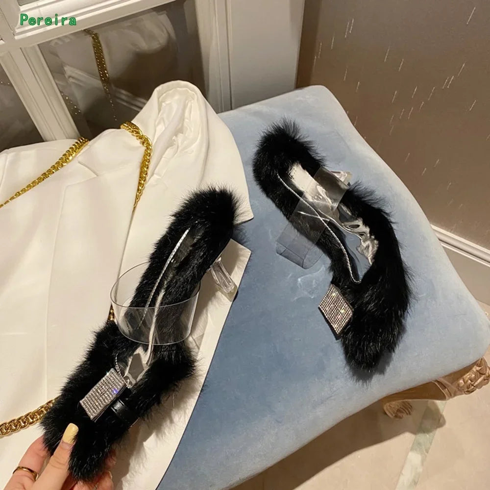 Women's Fluffy Rhinestone Chunky Heel Slippers