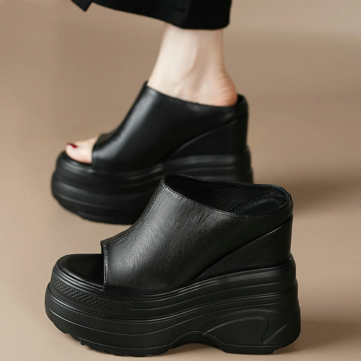 Women's Genuine Leather Wedge Platform Mules