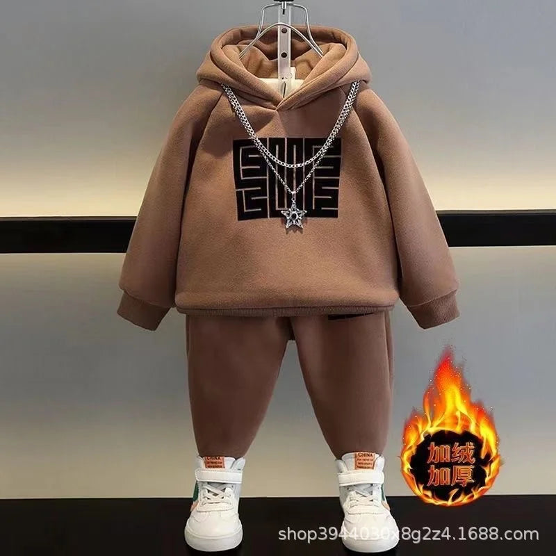 Kids' Warm Fleece Hooded Sweatshirt Pants Two-Piece Set