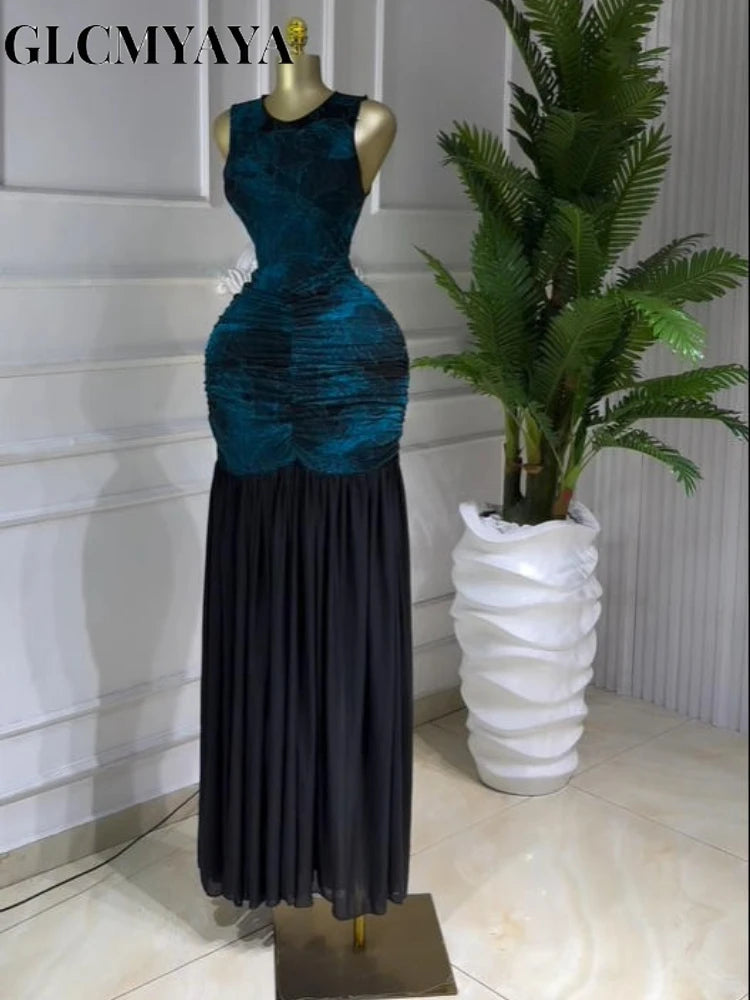 Women's Printed Ruched Sleeveless Maxi Dress