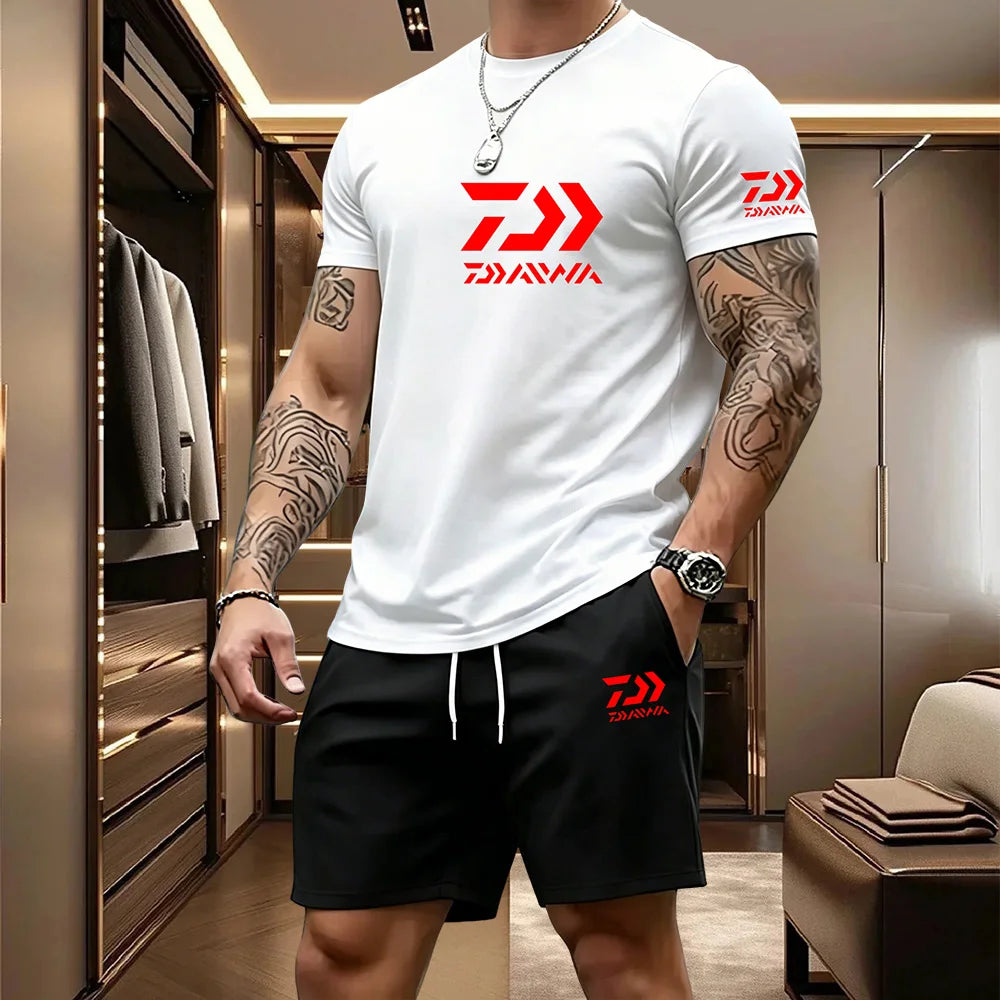 Men's Casual Round Neck T-Shirt and Drawstring Shorts Set