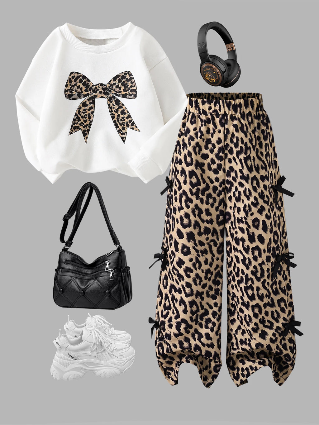 Girls' Leopard Bow Sweatshirt Wide Leg Pants Two-Piece Set