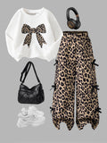 Girls' Leopard Bow Sweatshirt Wide Leg Pants Two-Piece Set