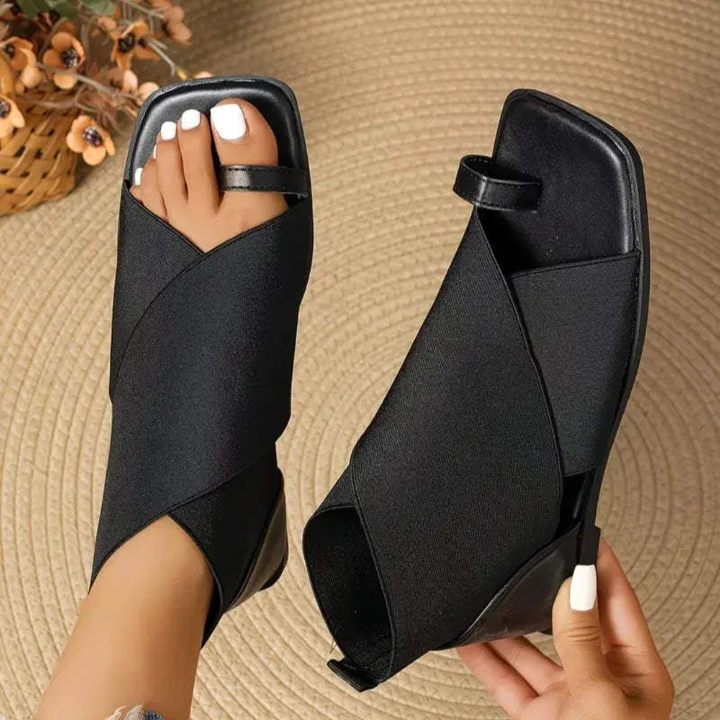 Women's Square Toe Gladiator Sandals Elastic Strap Flat Summer Shoes
