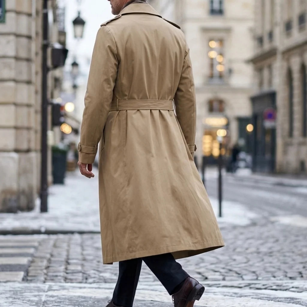 Men's Double-Breasted Long Trench Windbreaker Coat