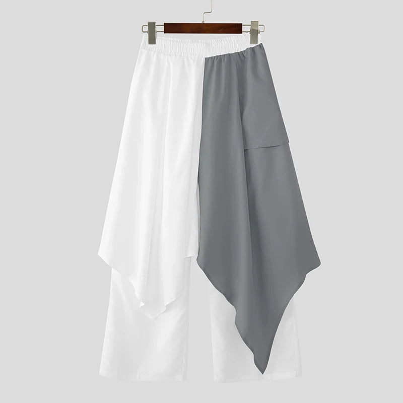 Men's Patchwork Jogger Pants Elastic Waist Wide Leg Trousers