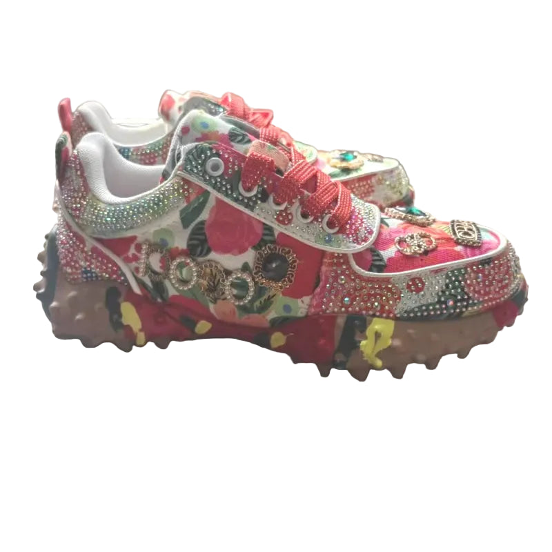 Women's Rhinestone Platform Lace-Up Casual Sneakers