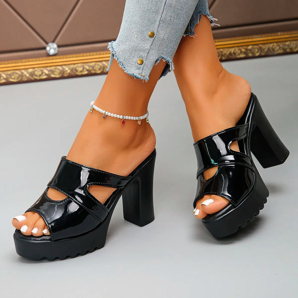 Women's Peep Toe Platform High Heel Slippers Square Black