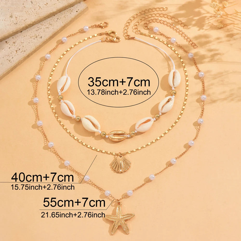Women's Fashion Bohemian Layered Shell Starfish Pearl Necklace Set