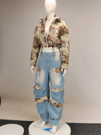 Women's Denim Casual Coat Cargo Pants Two-Piece Set