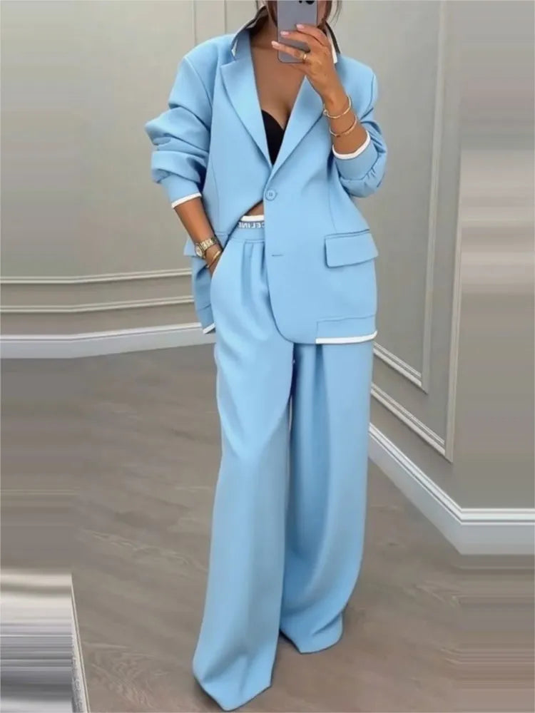Women's Solid Lapel Blazer Wide Leg Pants Set