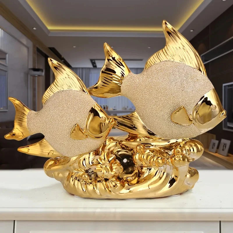 Gold Couple Fish Ceramic Ornament and Porcelain Desktop Figurine