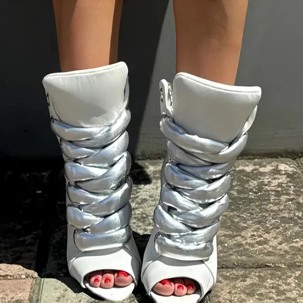 Women's Patchwork Slouchy Heeled Ankle Boots Open Toe Stiletto Lacing