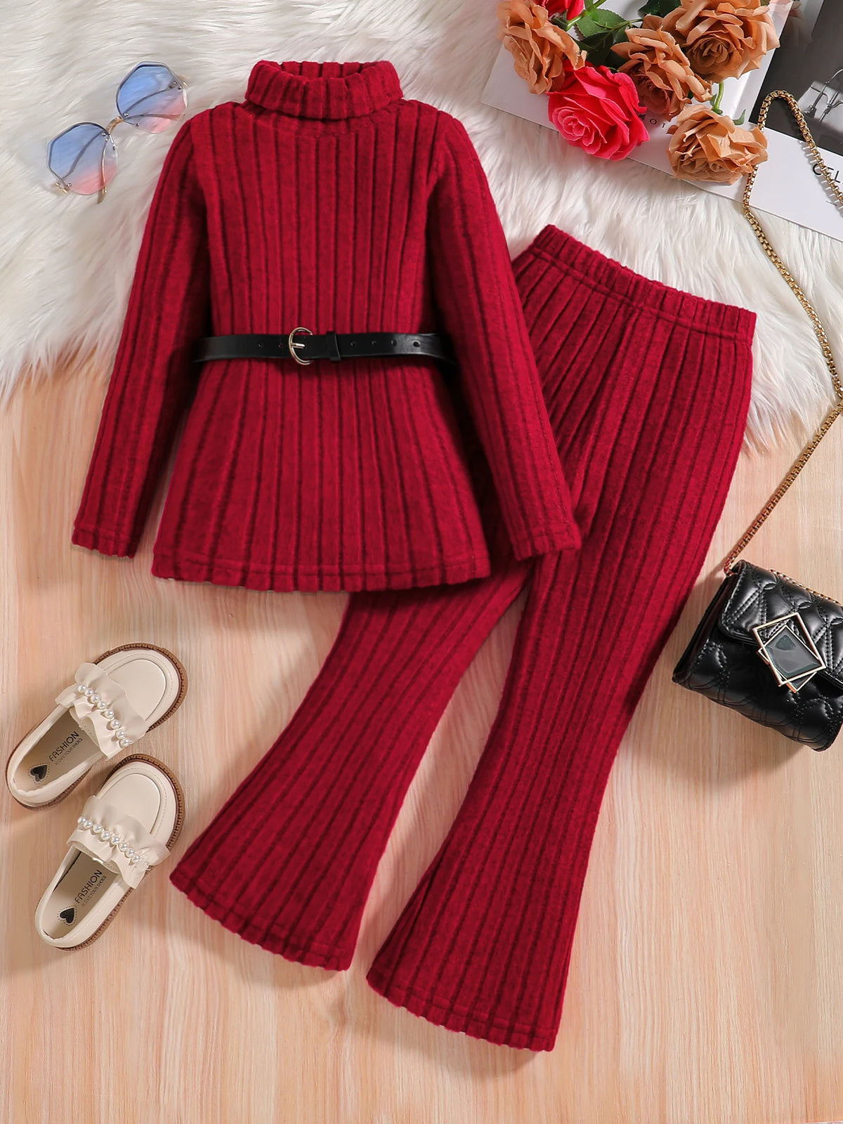 Girls' High-Neck Long-Sleeved Top Wide Leg Pants Two-Piece Set KJ1C4392A