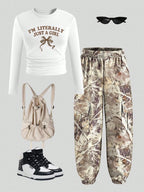 Girls' Letter Print T-Shirt Camo Cargo Pants Two-Piece Set XSCM516