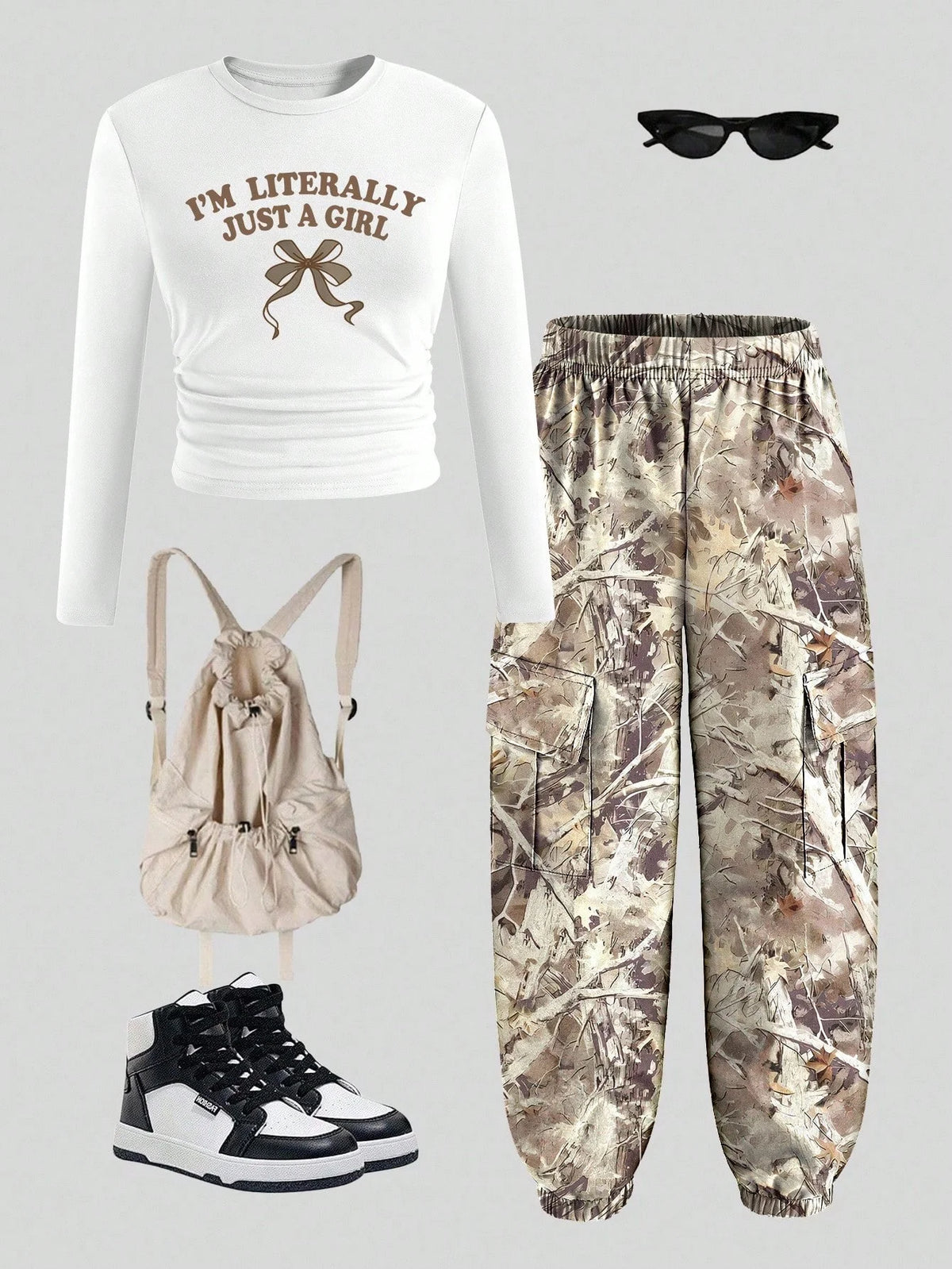 Girls' Letter Print T-Shirt Camo Cargo Pants Two-Piece Set XSCM516