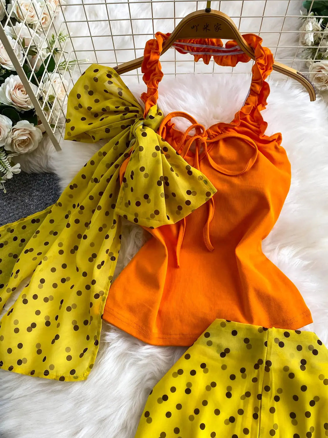Women's Polka Dot Bow Halter Top Midi Skirt Set