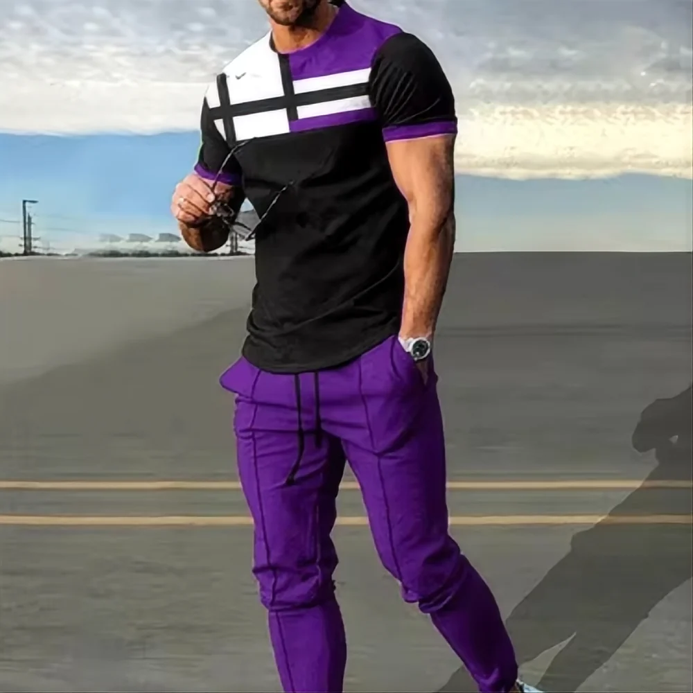 Men's Casual 3D Print T-Shirt and Pants Suit Set