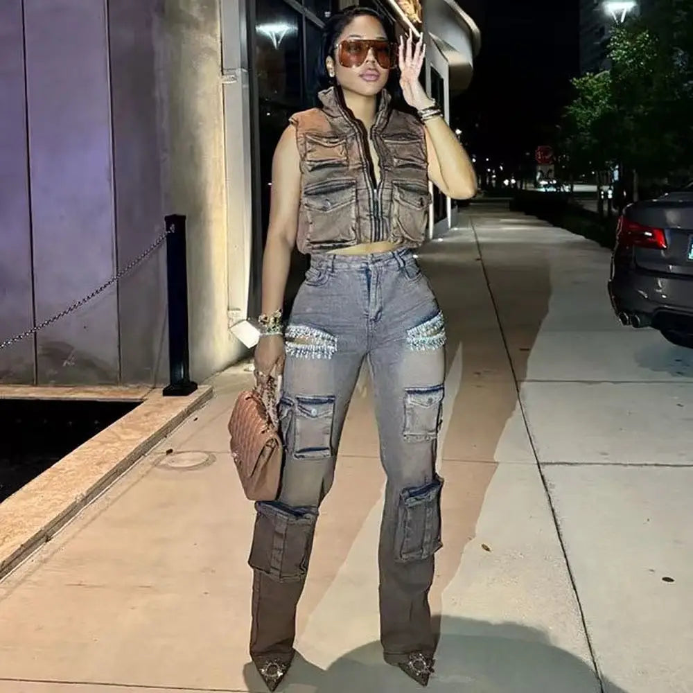 Women's High Waist Wide Leg Denim Pants Crystal Cutout Detail