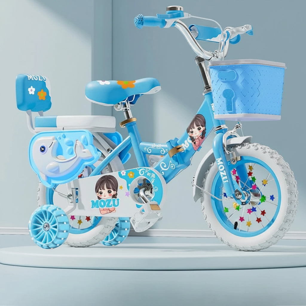 Kids' Foldable Bicycle with Basket and Safety Guardrail