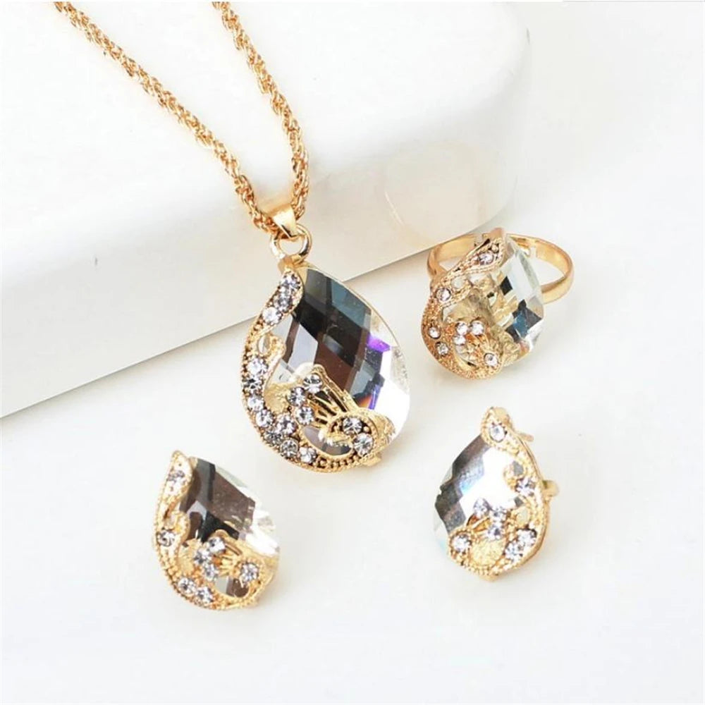 Women's Fashion Elegant Double Heart Necklace Earrings Bracelet Jewelry Set