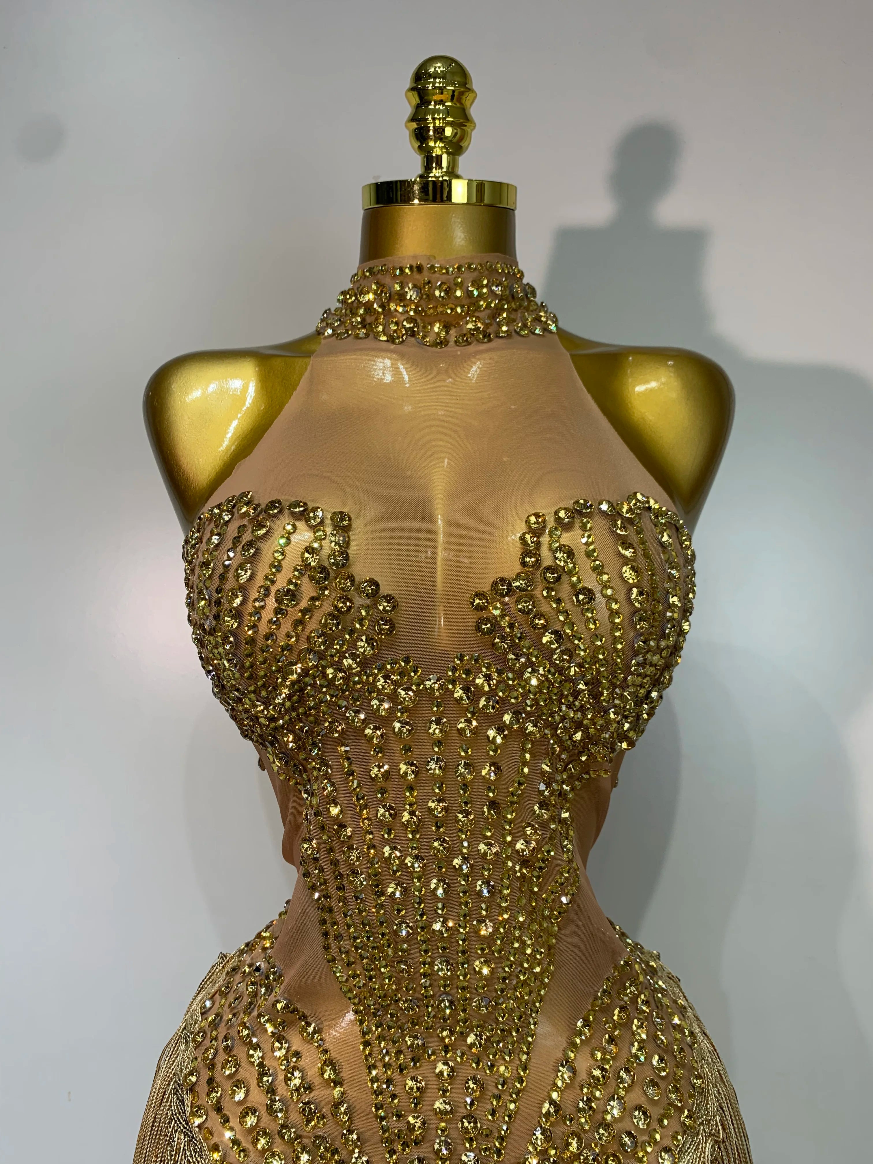 Women's Sexy Rhinestone Tassel Mesh Sleeveless Party Mini Dress