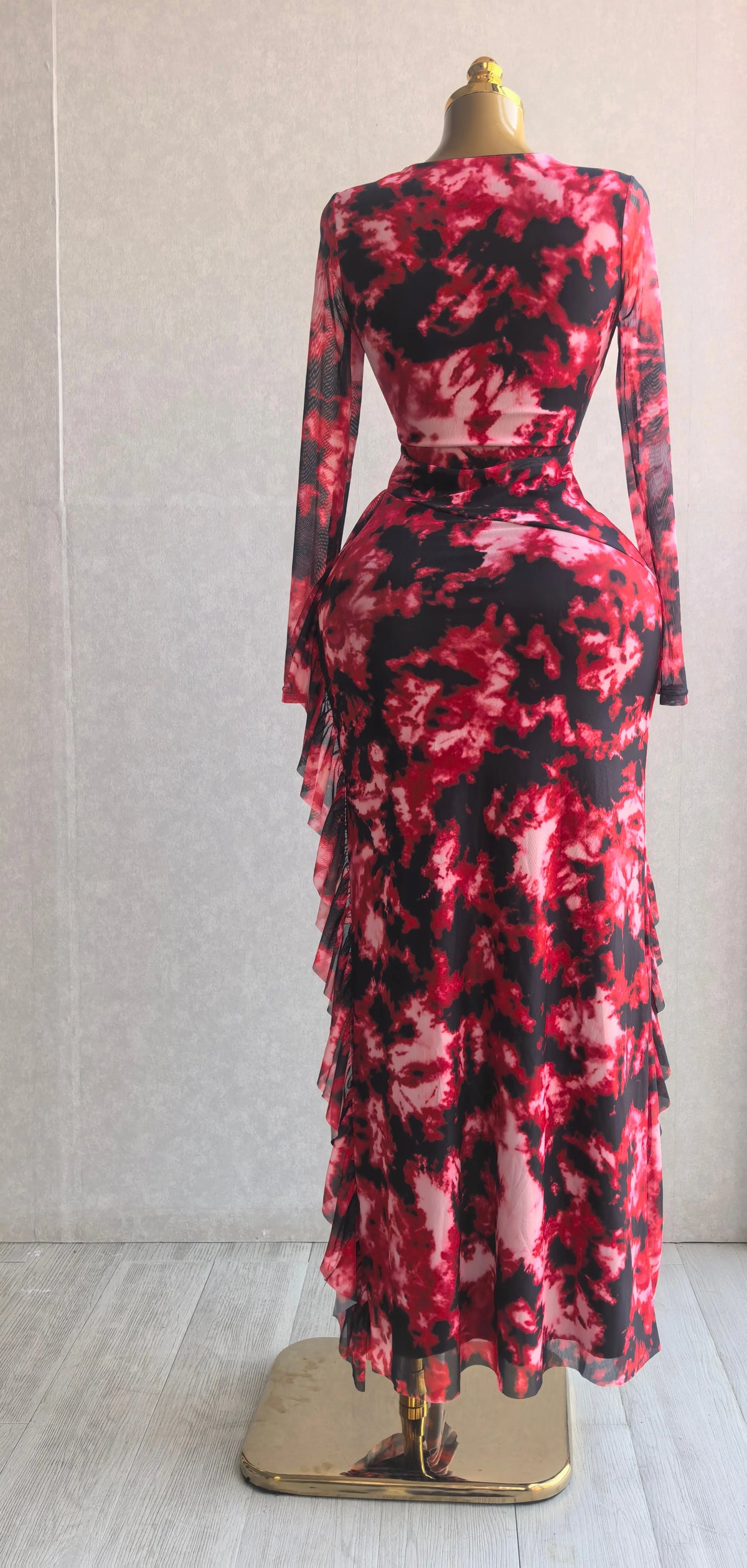 Women's Tie Dye Ruffle O-Neck Bodycon Maxi Dress