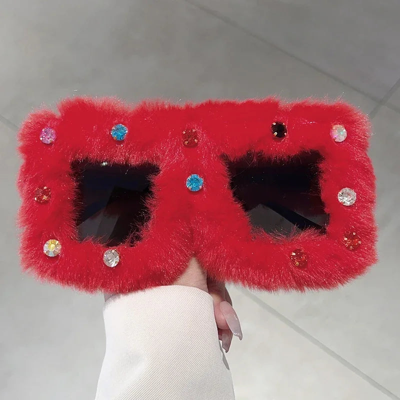 Women's Trendy Furry Rhinestone Square Oversized Sunglasses