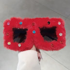 Women's Trendy Furry Rhinestone Square Oversized Sunglasses