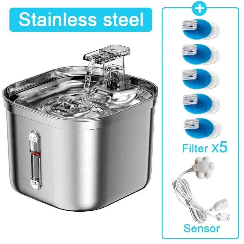 Stainless Steel Automatic Pet Water Fountain with Sensor and Filter for Cats and Dogs