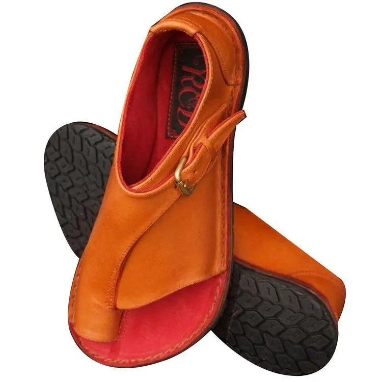 Women's Retro PU Leather Peep Toe Flat Sandals