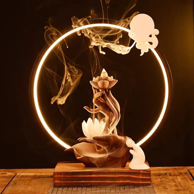 Buddha's Hand Lotus LED Backflow Incense Burner and Tabletop Ornament
