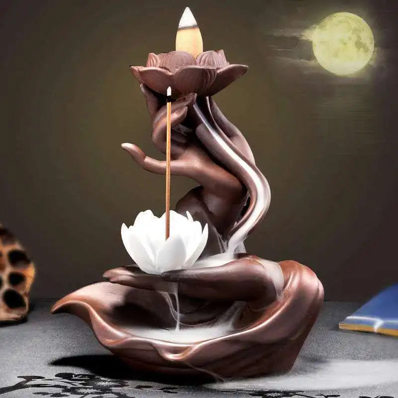 Buddha's Hand Lotus LED Backflow Incense Burner and Tabletop Ornament