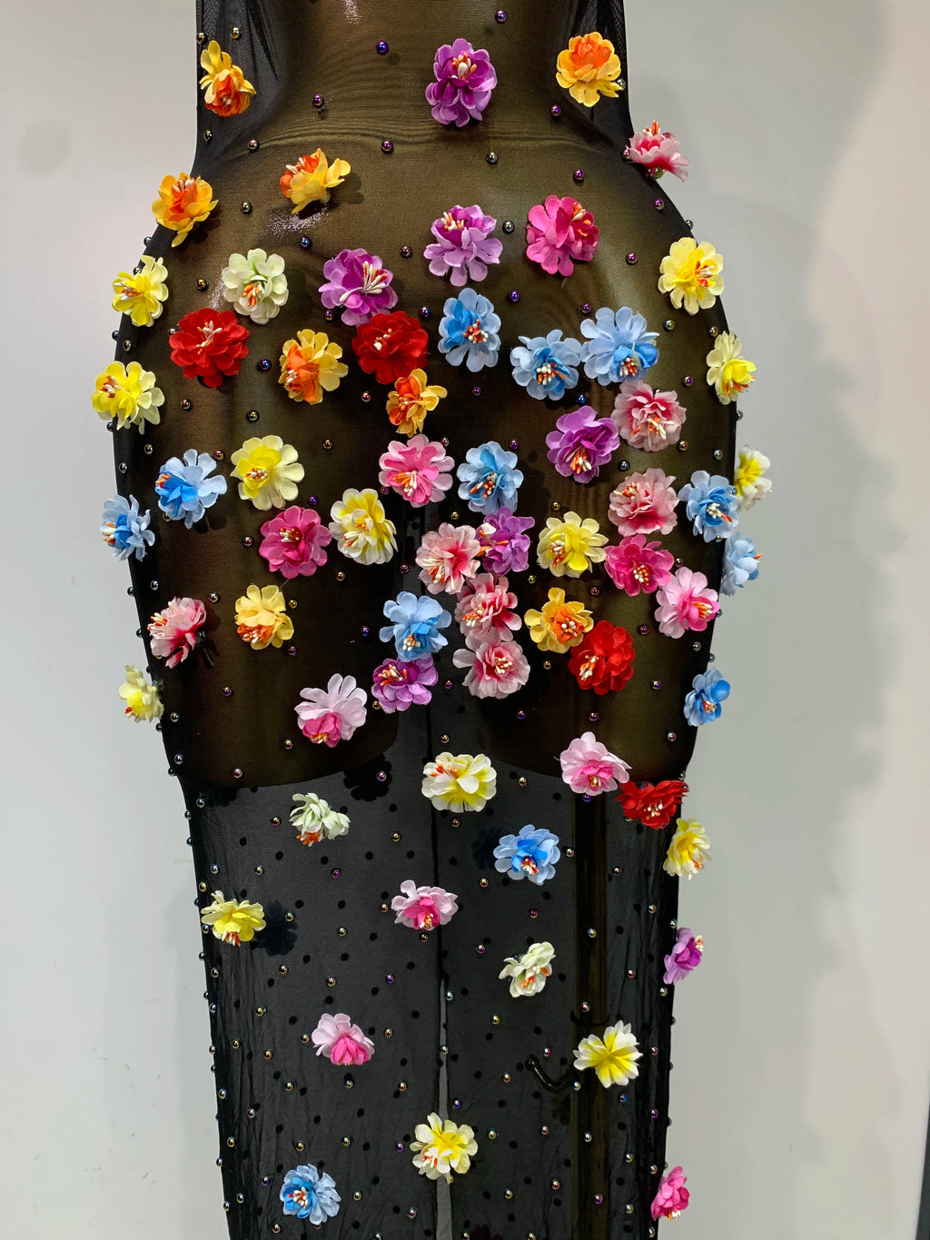 Women's Sexy Rhinestone Flower See Through Maxi Dress