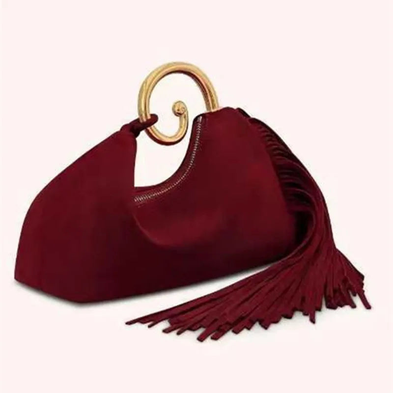 Women's Tassel Metal Handle Faux Suede Tote Bag