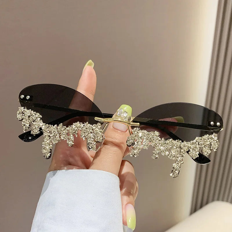 Rhinestone Rimless Sunglasses Women's Tear Drop Party Eyewear
