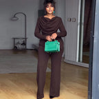 Women's Swing Collar Ruched Long Sleeve Jumpsuit