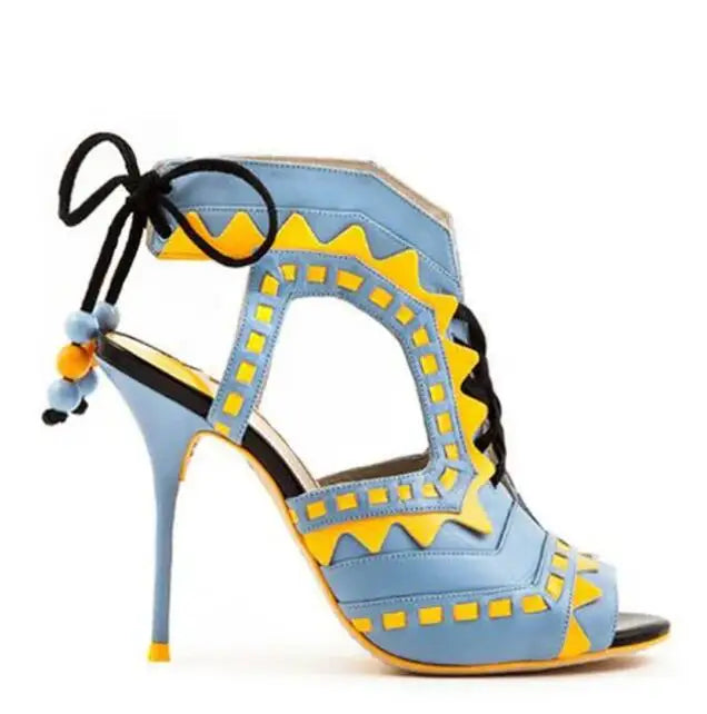 Women's Triangle Patchwork Beaded Lace-Up Sandal Boots