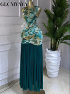Women's Printed Ruched Sleeveless Maxi Dress