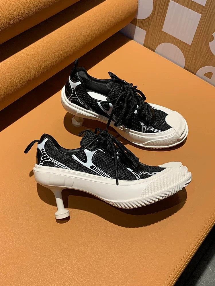 Women's Mesh Lace Up Pointed Toe Dad Sneaker High Heels