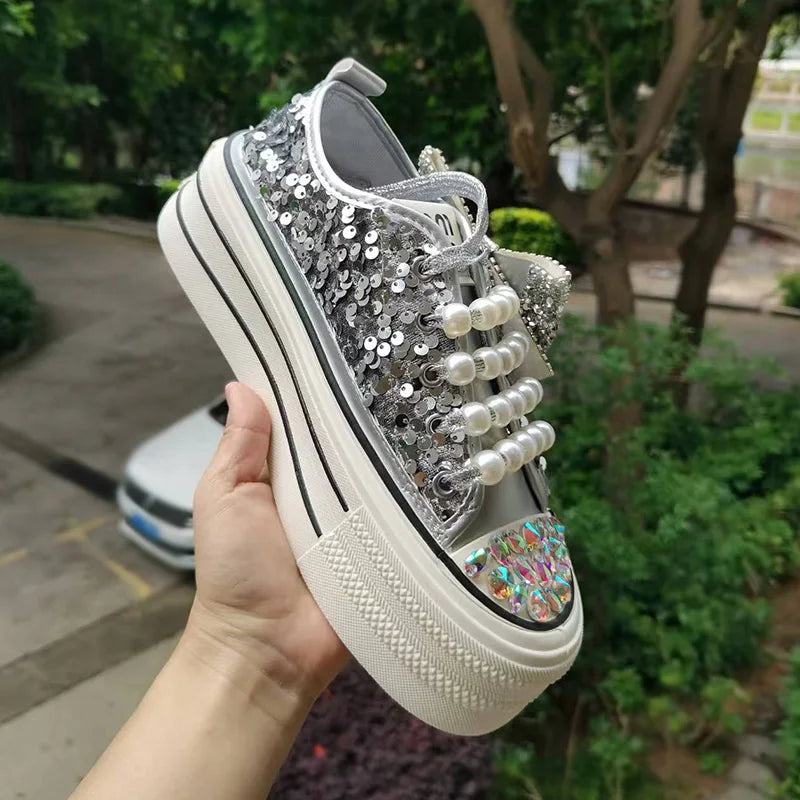 Women's Thick Sole Canvas Sneakers Crystal Pearl Studs Butterfly Knot